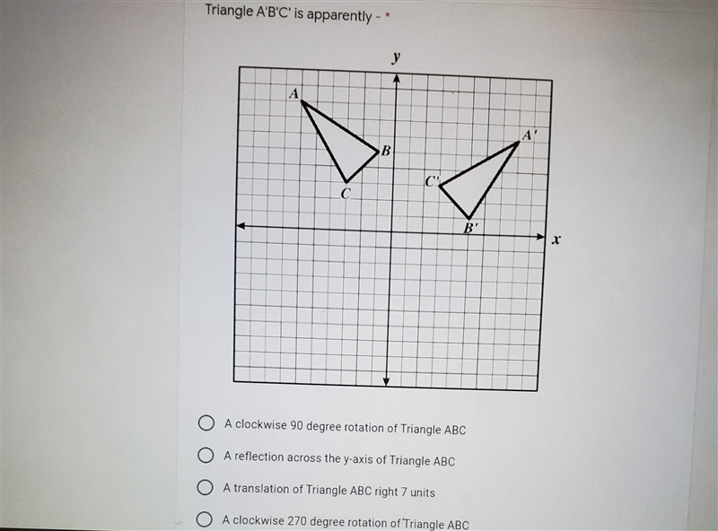 Triangle A'B'C' is apparently - у А A' B C С B' O A clockwise 90 degree rotation of-example-1