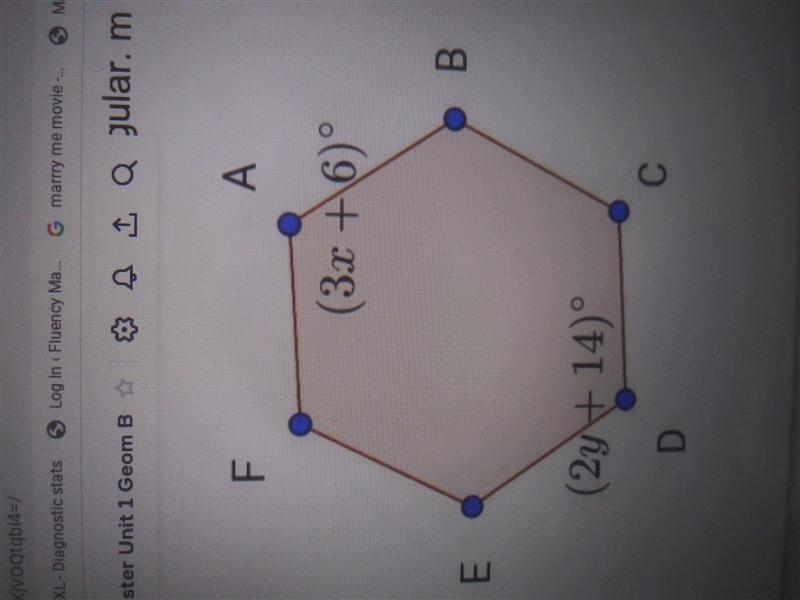 Solve for x and y on the regular hexagon ABCDEF. Formula for the sum of the interior-example-1