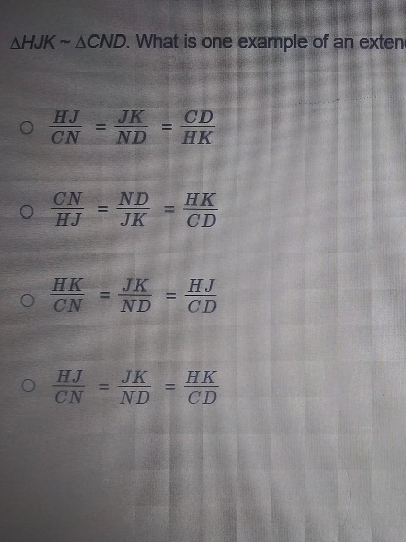 HJk~CND. what is one example of an extended proportion for the ratios of corresponding-example-1