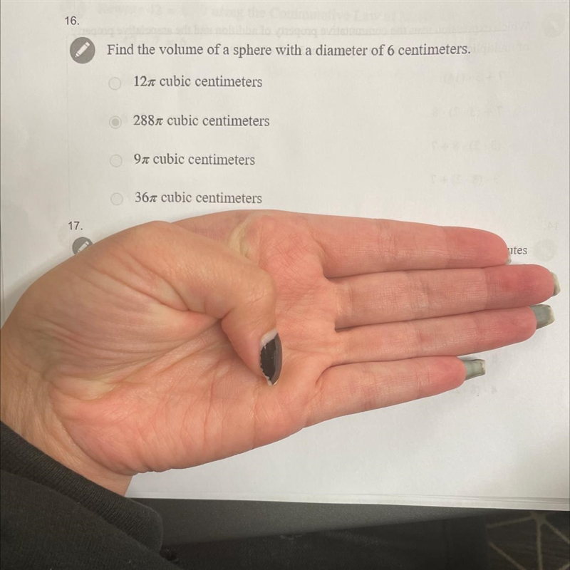 Find the volume of a sphere with a diameter of 6 centimeters.gi 12 cubic centimeters-example-1