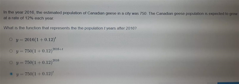 In the year 2016, the estimated population of Canandian geese in a city was 750. The-example-1