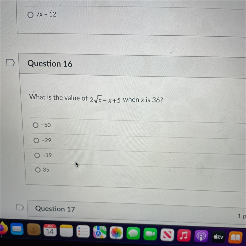 What is the value of 2 to the square root of x-x+5 when x is 36?-example-1