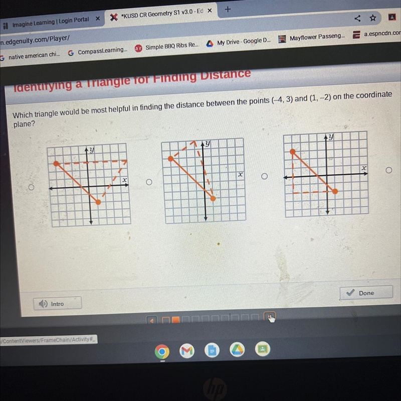 Which triangle would be most helpful in finding the distance between the points (-4, 3) and-example-1