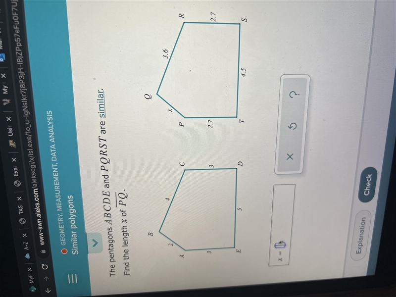 The quadrilaterals ABCD and PQRS are similar.Find the length x of SP.PA14DSC 26BR-example-1