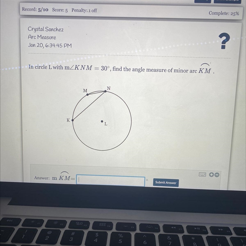 In circle L with mZKNM== 30°, find the angle measure of minor arc KM.-example-1