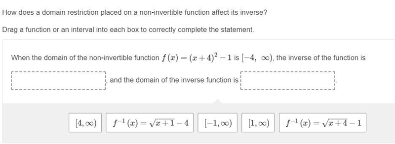 How does a domain restriction placed on a non-invertible function affect its inverse-example-1