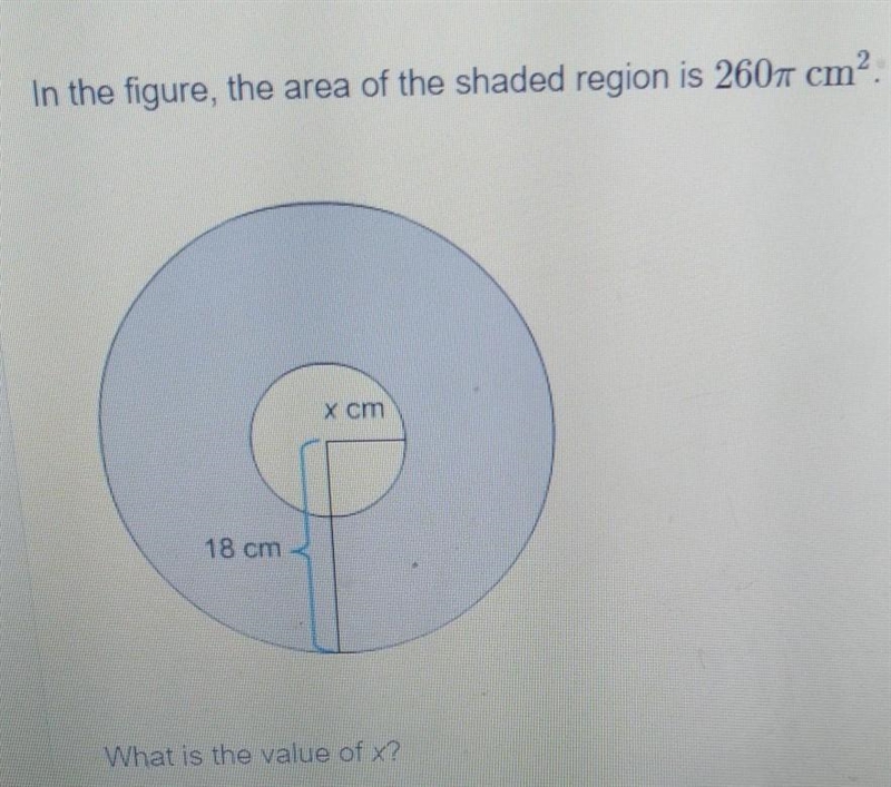 In the figure, the area of the shaded region is 260cm^2what is the value of x?-example-1