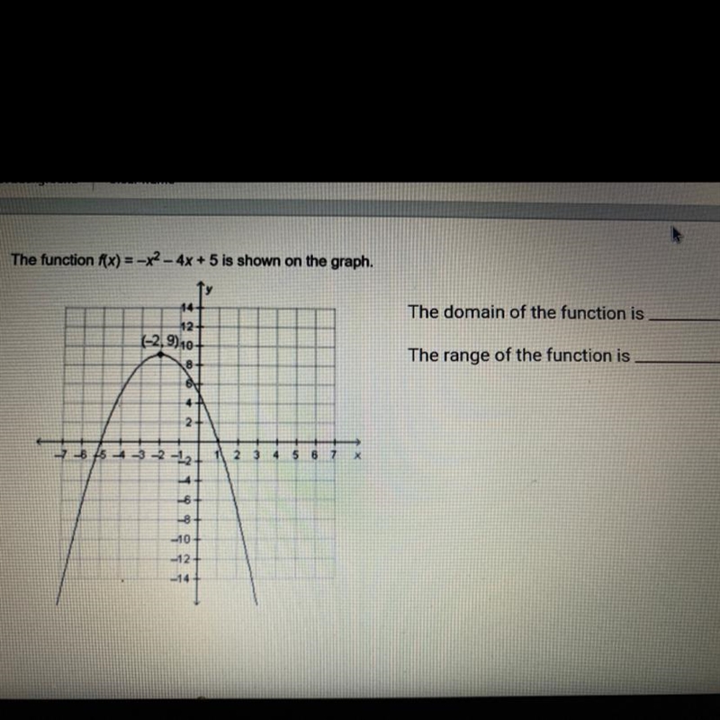 The function f(x) = -x2 - 4x + 5 is shown on the graph. What is the domain and range-example-1