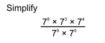 Simplify this equation: {7}^(8) * {7}^(3) * {7}^(4) / {7}^(9) * {7}^(5) ​-example-1