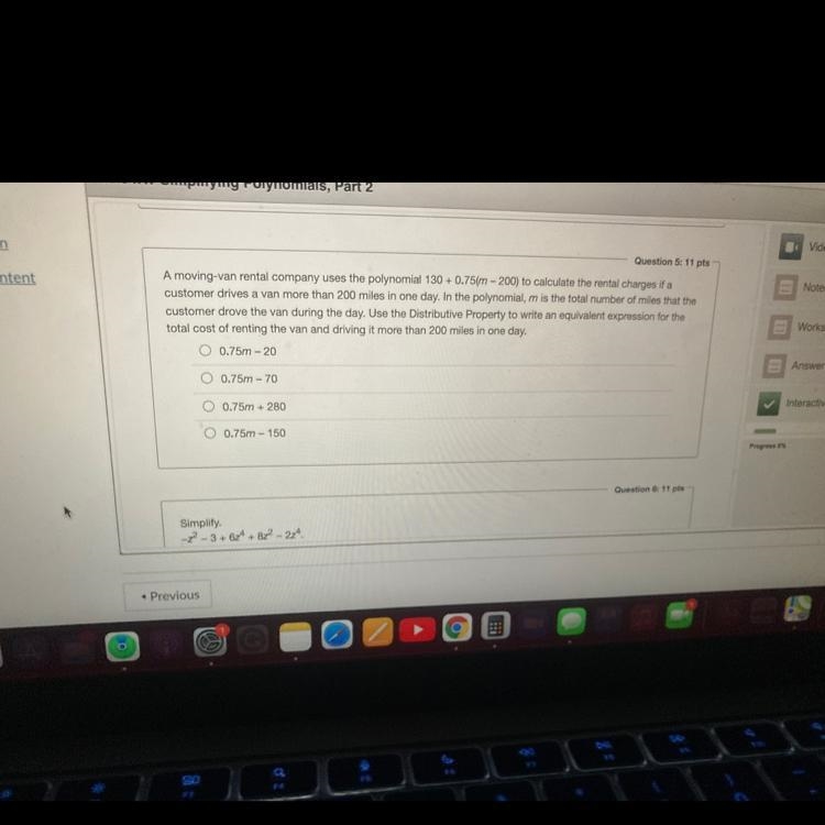 A moving-van rental company uses the polynomial 130 + 0.75(m - 200) to calculate the-example-1