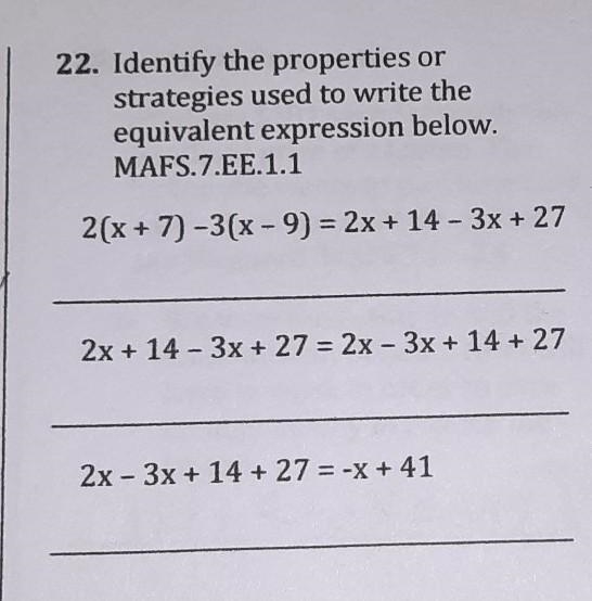 Identify the Properties or strategies used to write the equivalent expression below-example-1