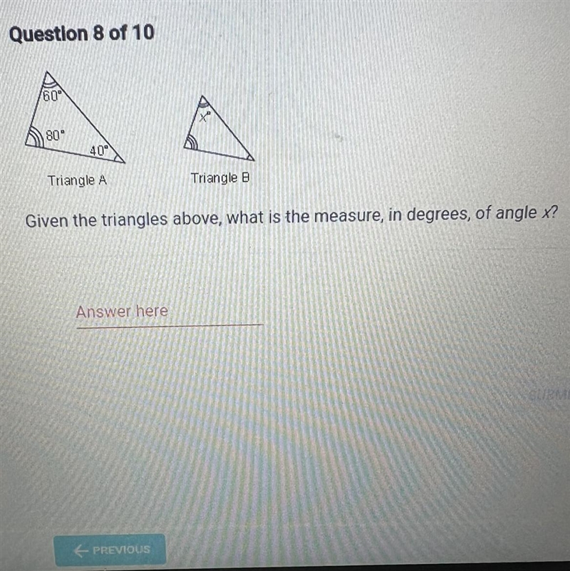 Given the triangles above, what is the measure, in degrees, of angle x?-example-1