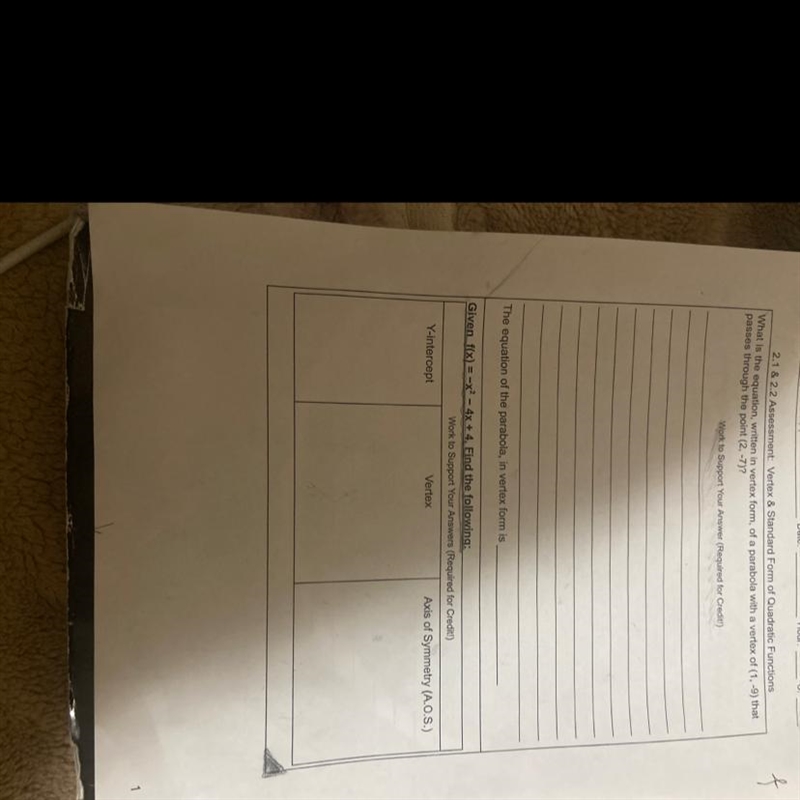 2.1 & 2.2 Assessment: Vertex & Standard Form of Quadratic Functions What is-example-1