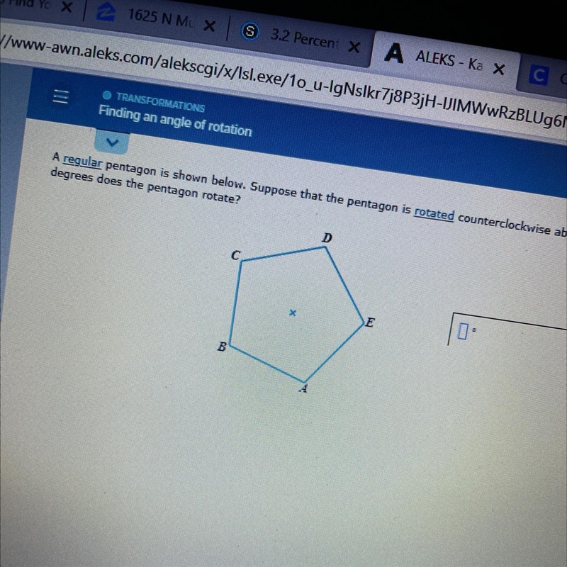 A regular pentagon is shown below. Supposethat the pentagon is rotatedcounterclockwise-example-1