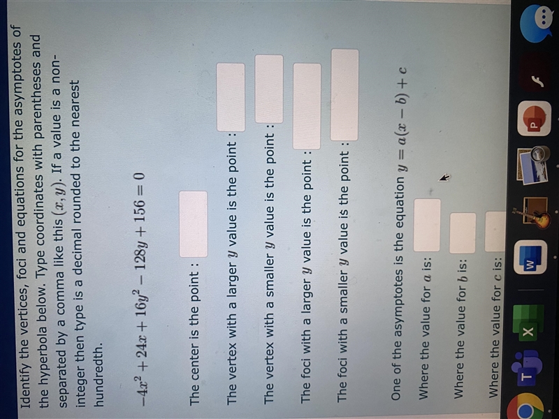 Identify the vertices, foci and equations for the asymptotes of the hyperbola below-example-1