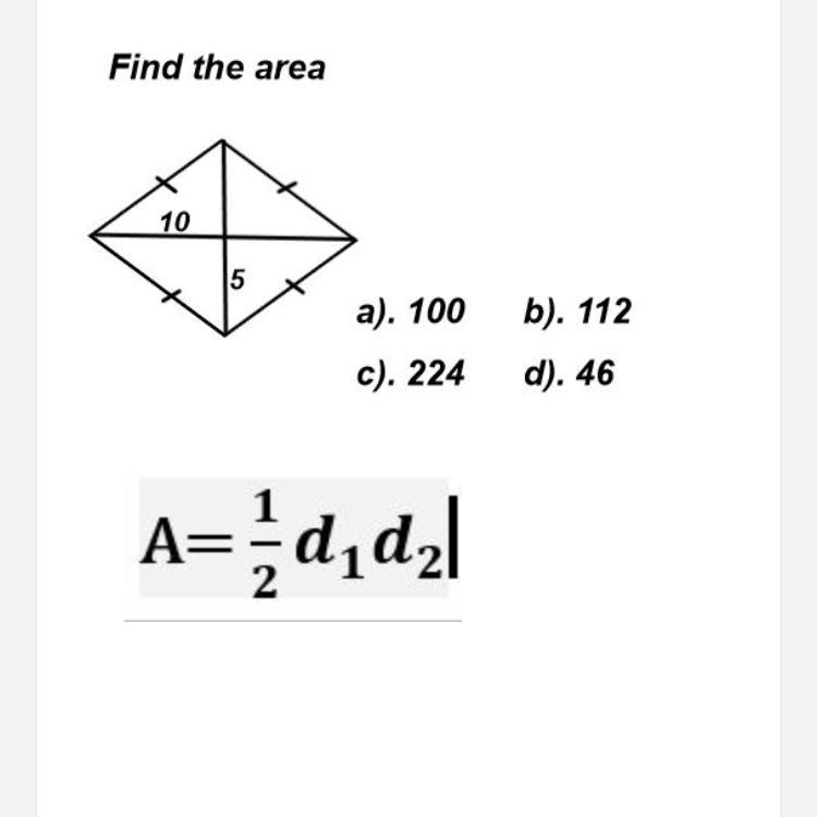 Find the area A. 100 B. 112 C. 224 D. 46-example-1