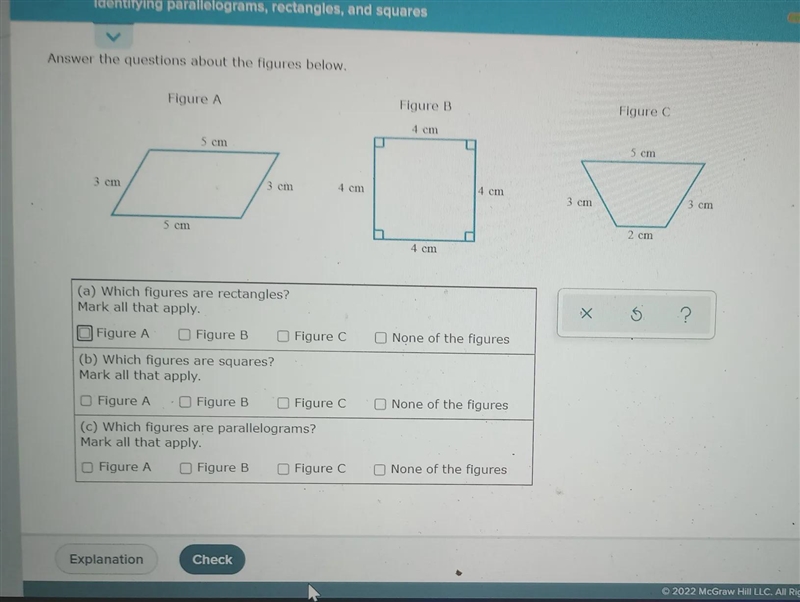 Answer the questions about the figures below. 3 cm Figure A Explanation 5 cm 5 cm-example-1