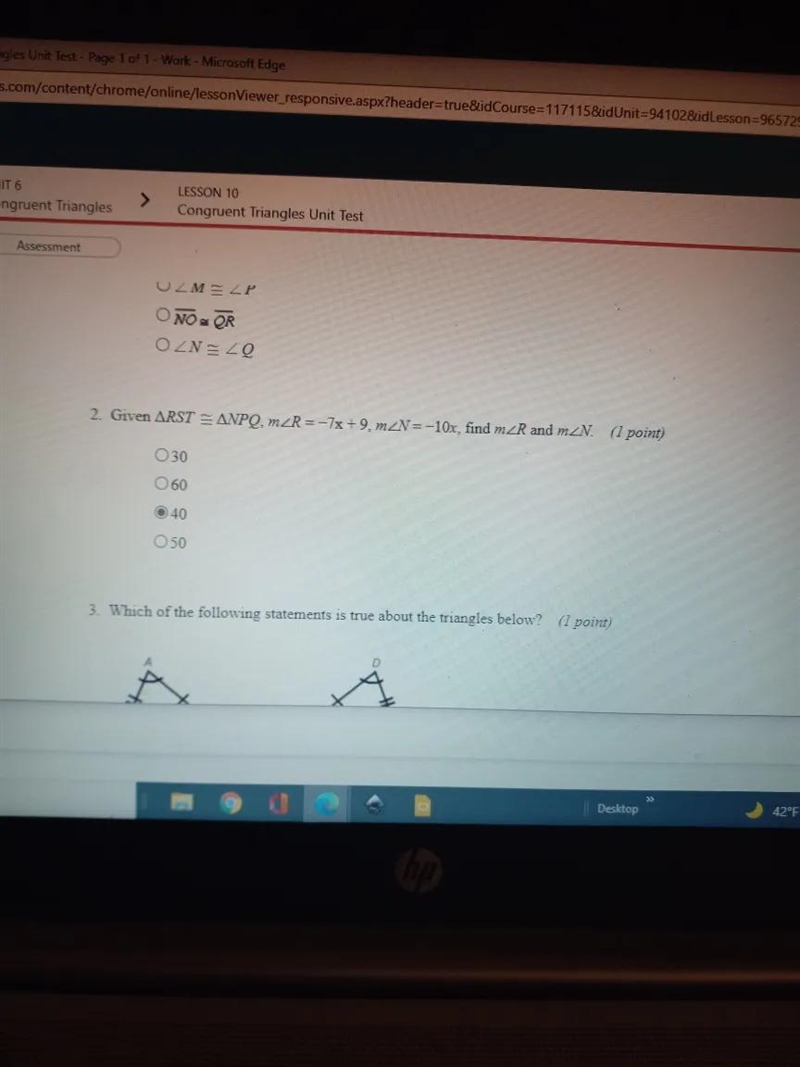 2. Given ARST = ANPO. IZR=-7x + 9. m N=-10x, find mZR and mZN. (1 point) 30 660 40 50-example-1