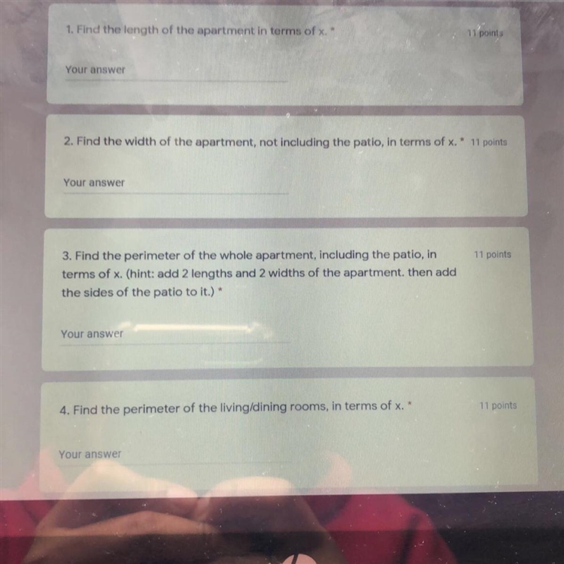 Find the length of the apartment in terms of x.-example-1