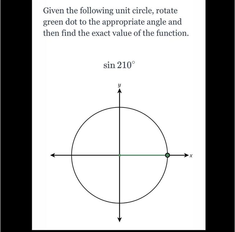 Given the following unit circle, rotategreen dot to the appropriate angle andthen-example-1