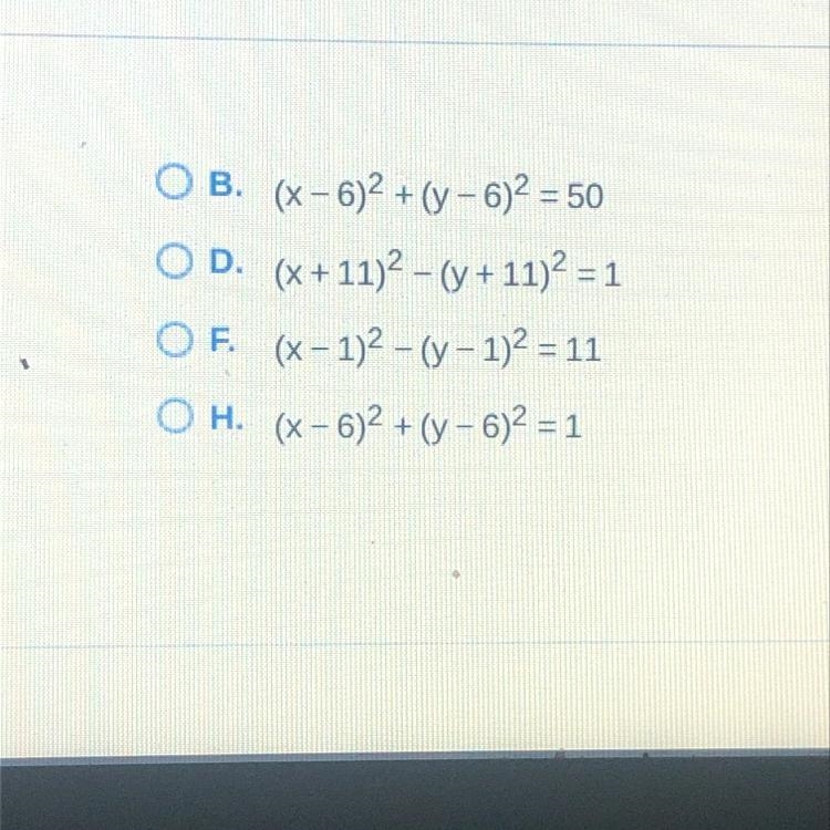 Write an equation of a circle with diameter AB.A(1,1), B(11,11)Choose the correct-example-1