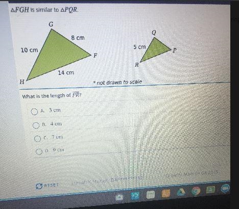 AFGH is similar to APQR.G8 cm10 cm5 cmPFR14 cmH Н*not drawn to scaleWhat is the length-example-1