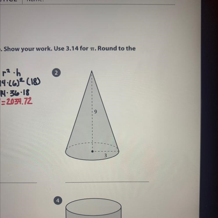 Find the volume, show work and use 3.14 for pie round to the nearest hundredth-example-1