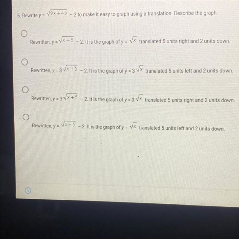 Rewrite y=sqrt(9x+45)-2 to make it easy to graph using a translation describe the-example-1