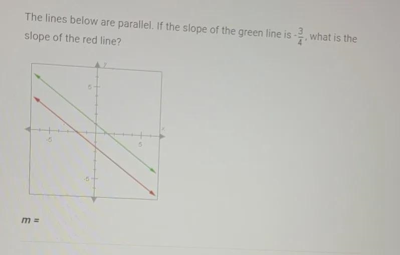 The lines below are parallel. If the slope of the green line is -3/4 what is the slope-example-1