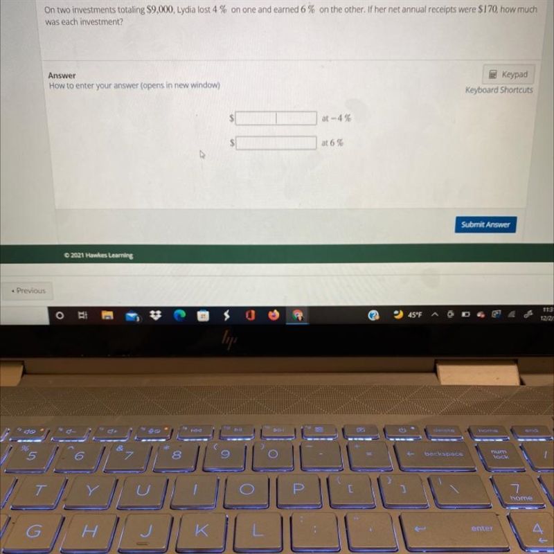 On two investments totaling $9,000, Lydia lost 4% on one and earned 6 % on the other-example-1