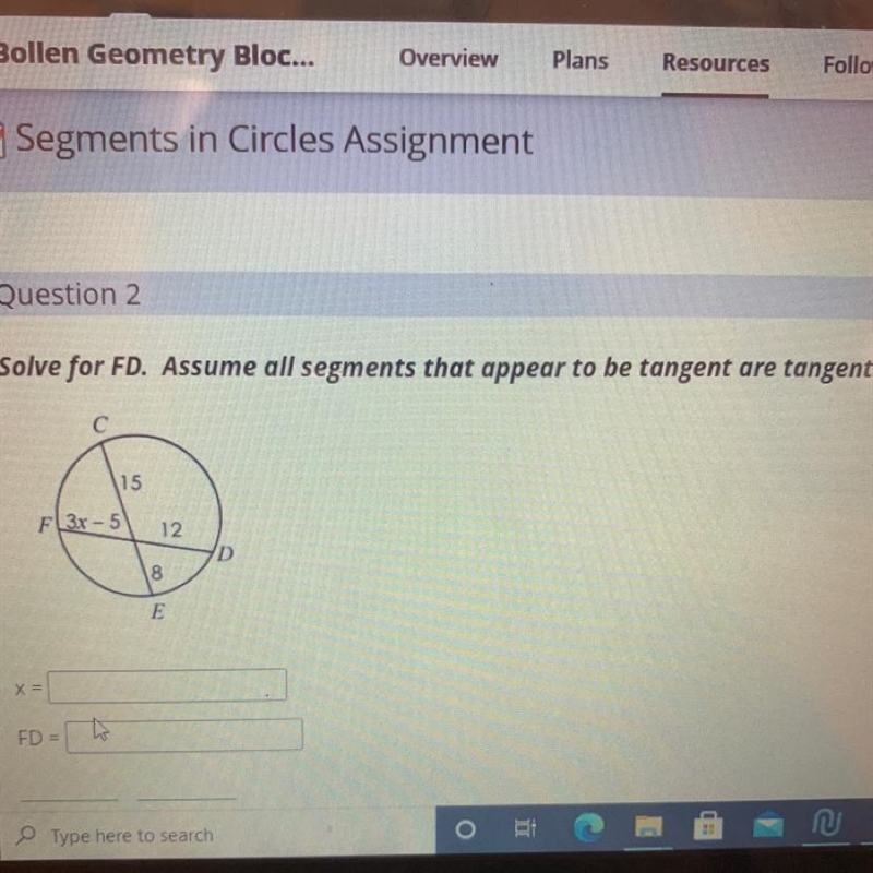 Question 2Solve for FD. Assume all segments that appear to be tangent are tangent-example-1