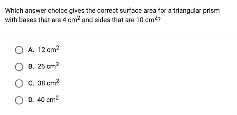 which answer choice gives the correct surface area for a triangular prism with bases-example-1