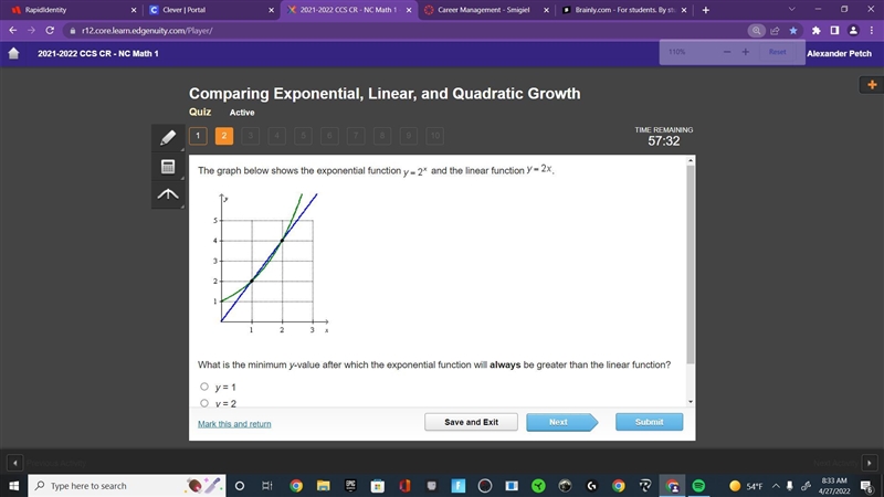 The graph below shows the exponential function and the linear function What is the-example-1