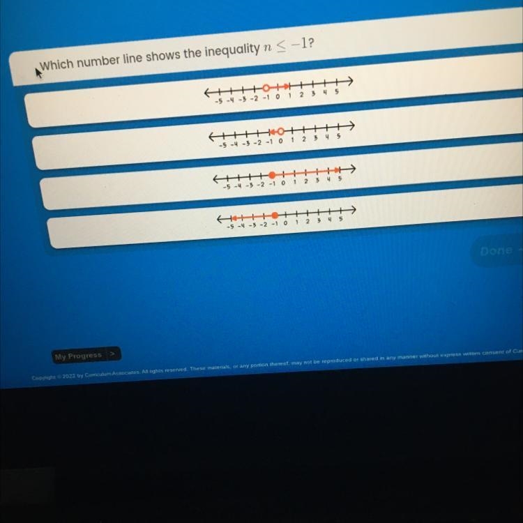 Which number line shows the N equality n <= -1?￼-example-1