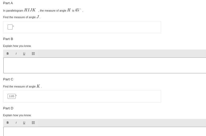 In parallelogram HIJK, the measure of angle H is 45°.-example-1