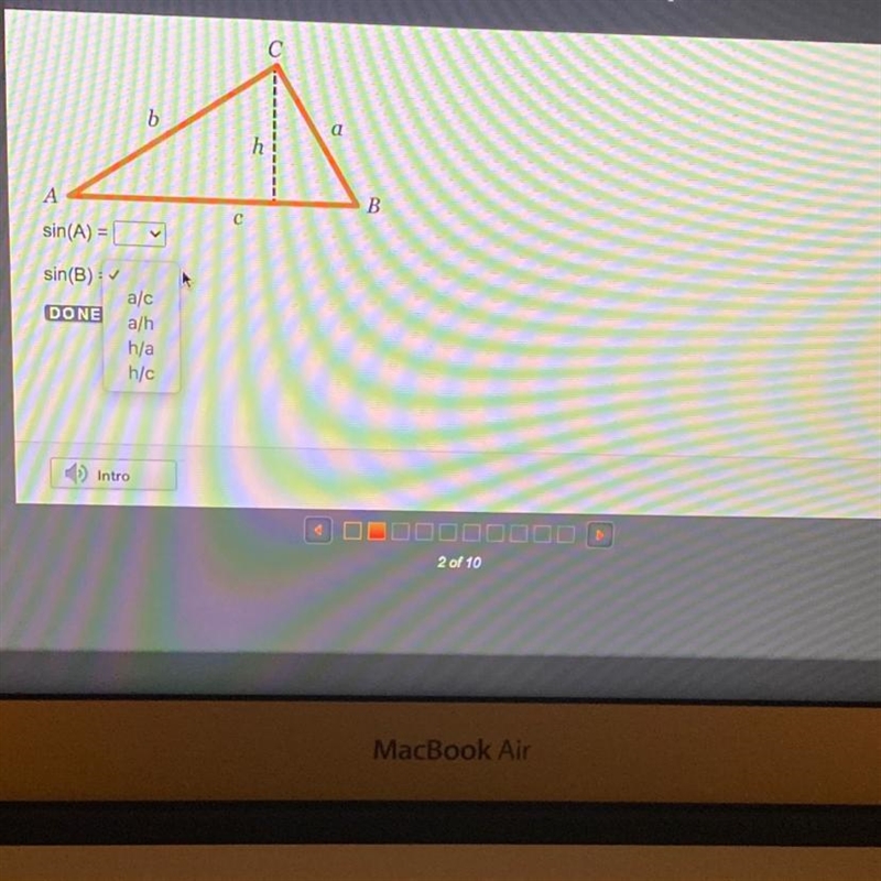 Use the sign ratio to deride a relationship between angle inside measures in a triangle-example-1