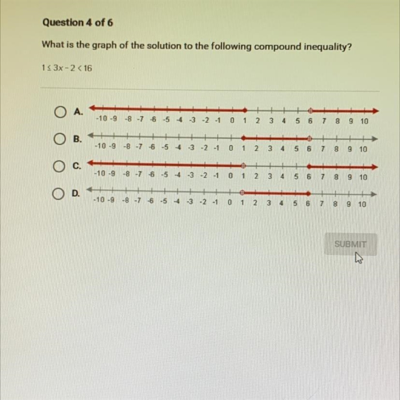 Question 4 of 6What is the graph of the solution to the following compound inequality-example-1