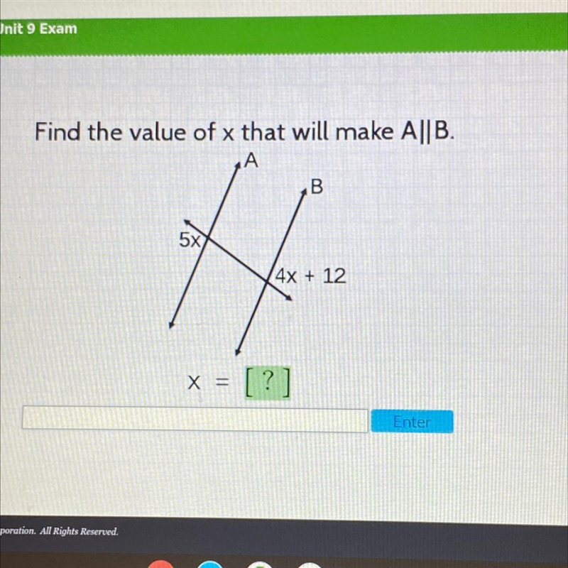 Find the value of x that will make A||B.AB5x44x + 12x = [?]-example-1