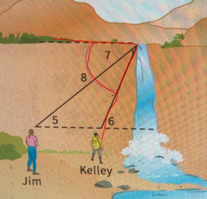 Which is the angle of depression from the top of the waterfall to Kelley-example-1