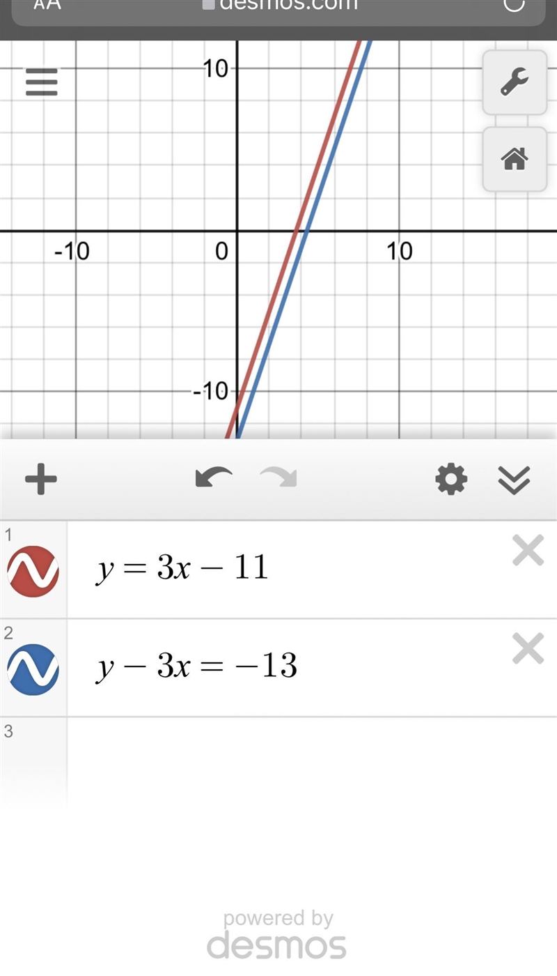 Y=3x-11 y-3x=-13 Solving using systems of equations-example-1