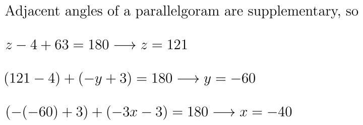 Find the value of xx, yy, and zz in the parallelogram below.-example-1