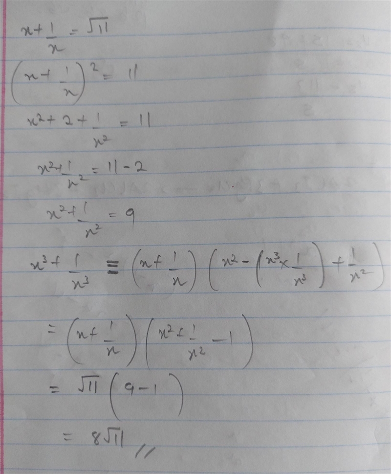 if x+(1)/(x)=√(11)\\, find the value of x^(3)+(1)/(x^(3))-example-1