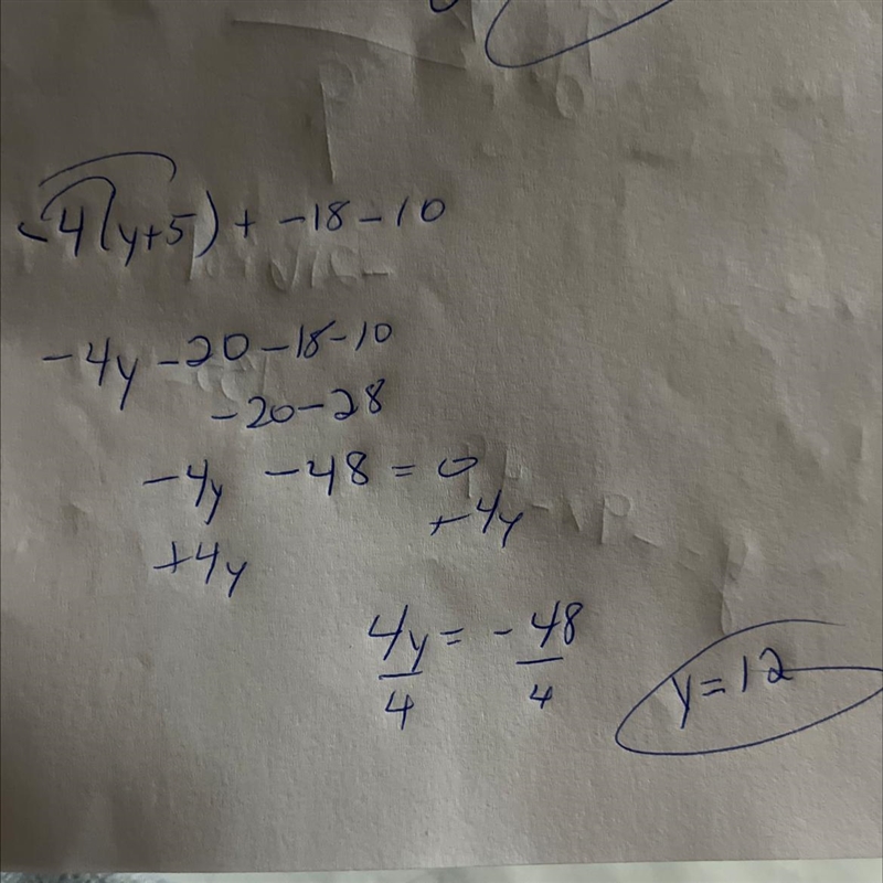 Solve for y -4(y + 5) +-18--10-example-1