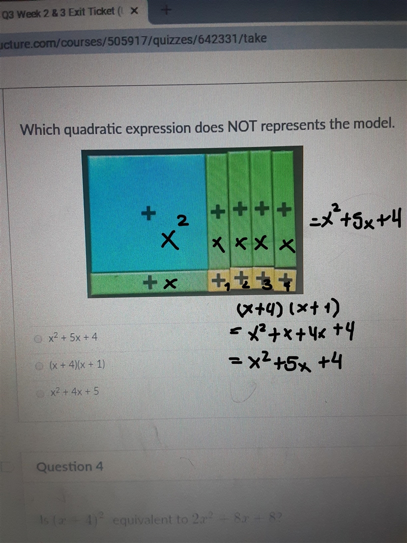 Which quadratic expression does NOT represents the model. ++++ + + + + + o x² + 58+4 (x-example-1