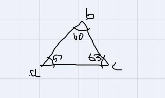 Order the side lengths of the triangle from shortest to longest a=57° b=60° c=63°-example-1