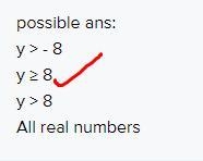 Find the range of the function.f(x) = (x + 5)^2 + 8possible ans: y > - 8y ≥ 8y-example-3