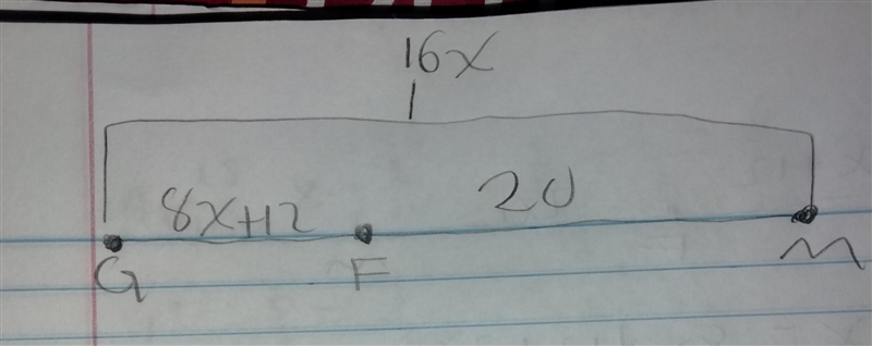 Please help me! GEOMETRY Point F lies between points G and M. GF=8x+12, FM=20, and-example-1