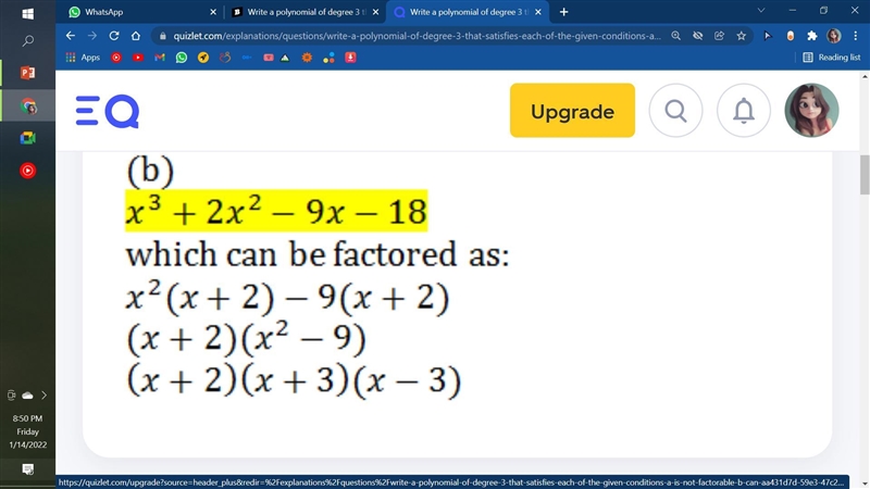 Write a polynomial of degree 3 that satisfies each of the given conditions. Is factorable-example-1