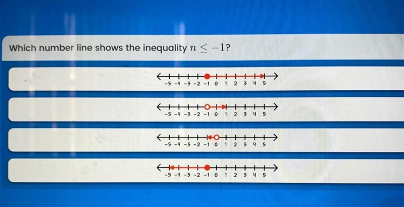 Which number line show inequality n < -1-example-1