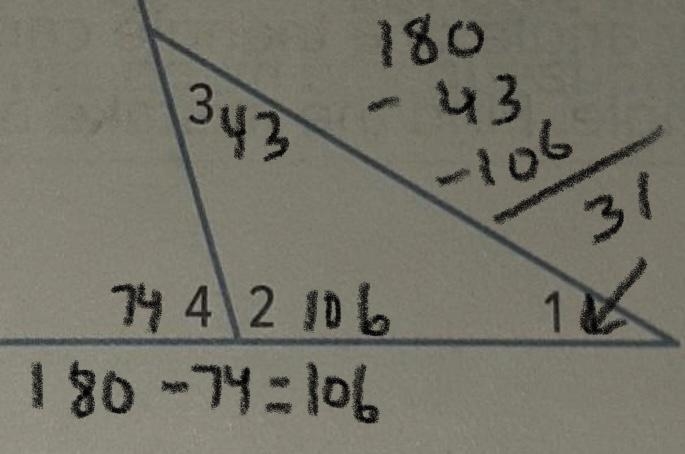 In the figure, m∠4 = 74° and m∠3 = 43°. Find the measures of ∠1 and ∠2.​-example-1